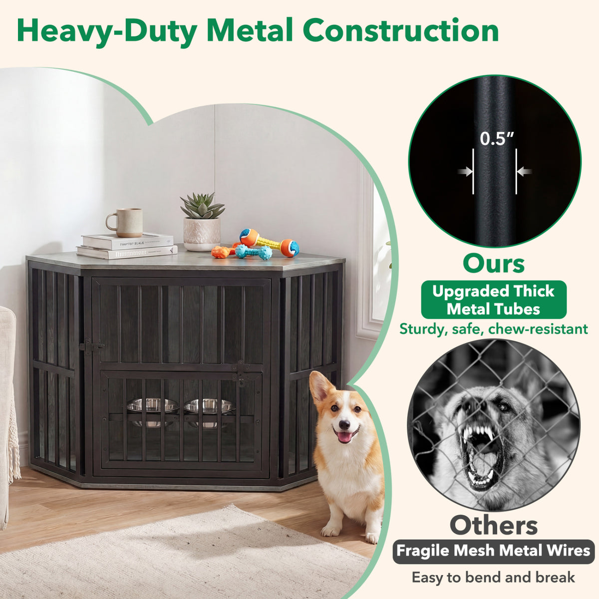 Corner Wooden Dog Kennel End Table with 3-Position Bowl Rack - Oak Finish