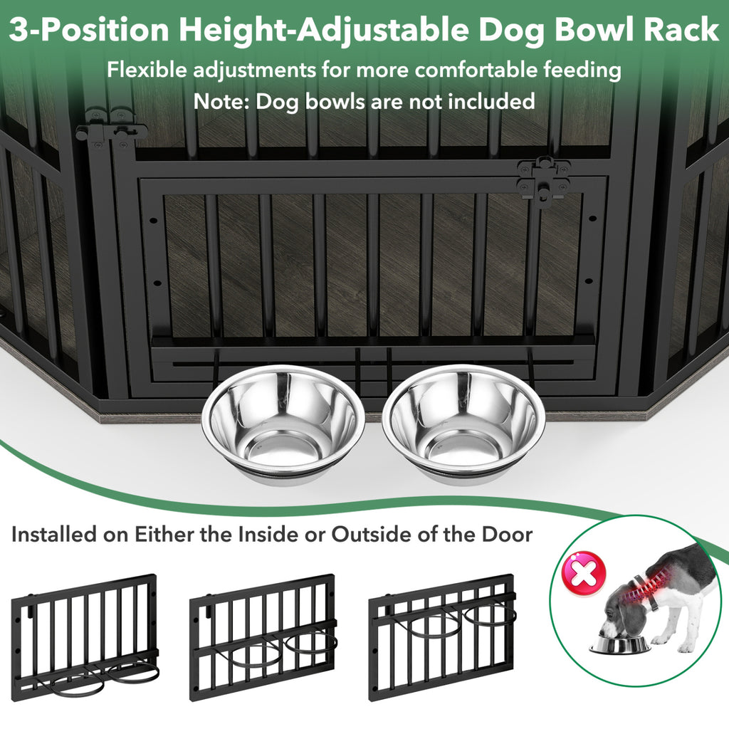 Corner Wooden Dog Kennel End Table with 3-Position Bowl Rack - Oak Finish
