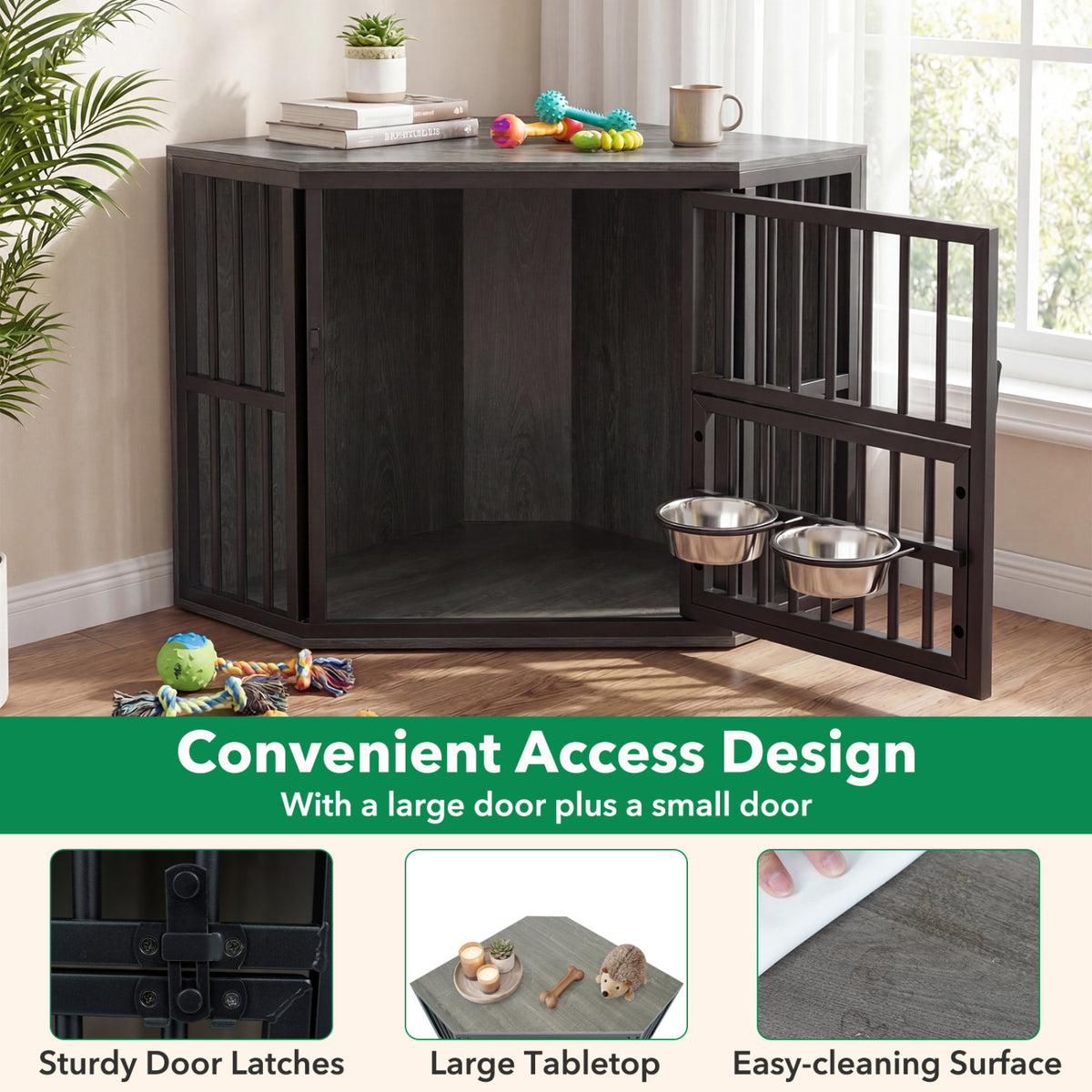 Corner Wooden Dog Kennel End Table with 3-Position Bowl Rack - Oak Finish