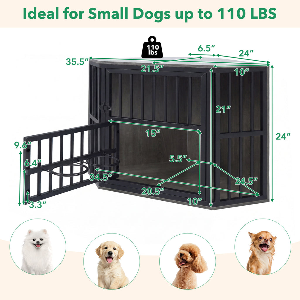 Corner Wooden Dog Kennel End Table with 3-Position Bowl Rack - Oak Finish