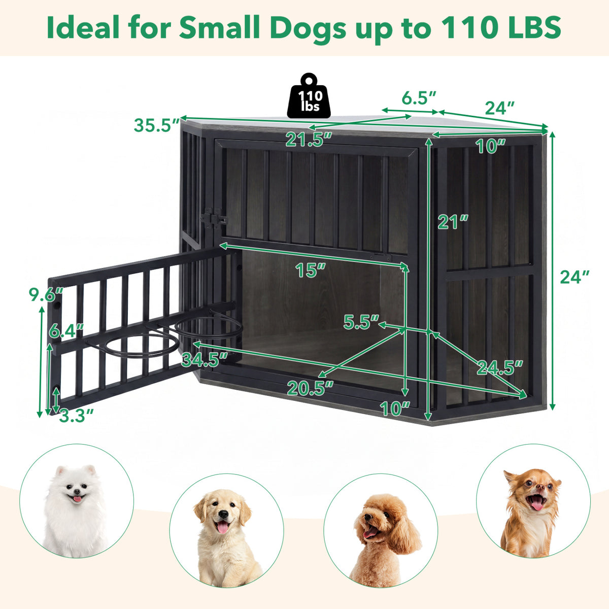 Corner Wooden Dog Kennel End Table with 3-Position Bowl Rack - Oak Finish