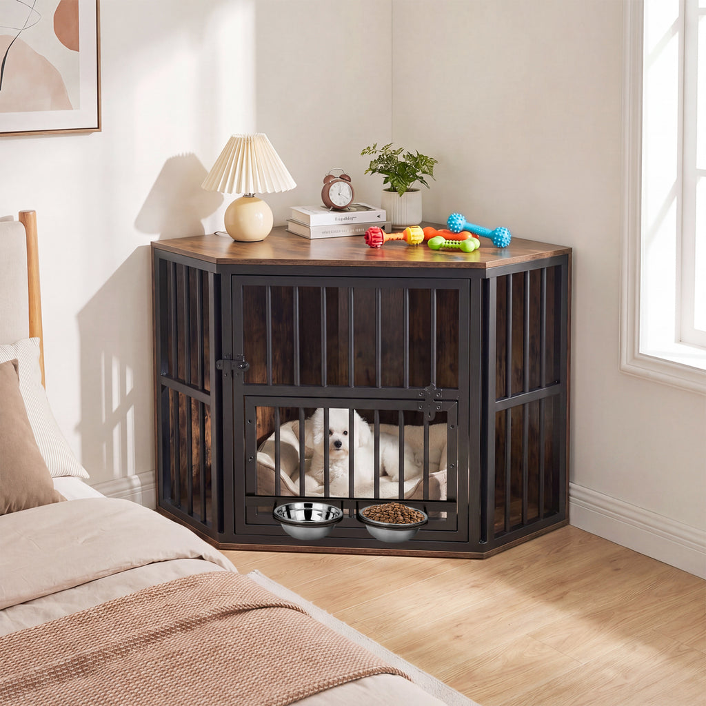 Corner Wooden Dog Kennel End Table with 3-Position Bowl Rack - Oak Finish
