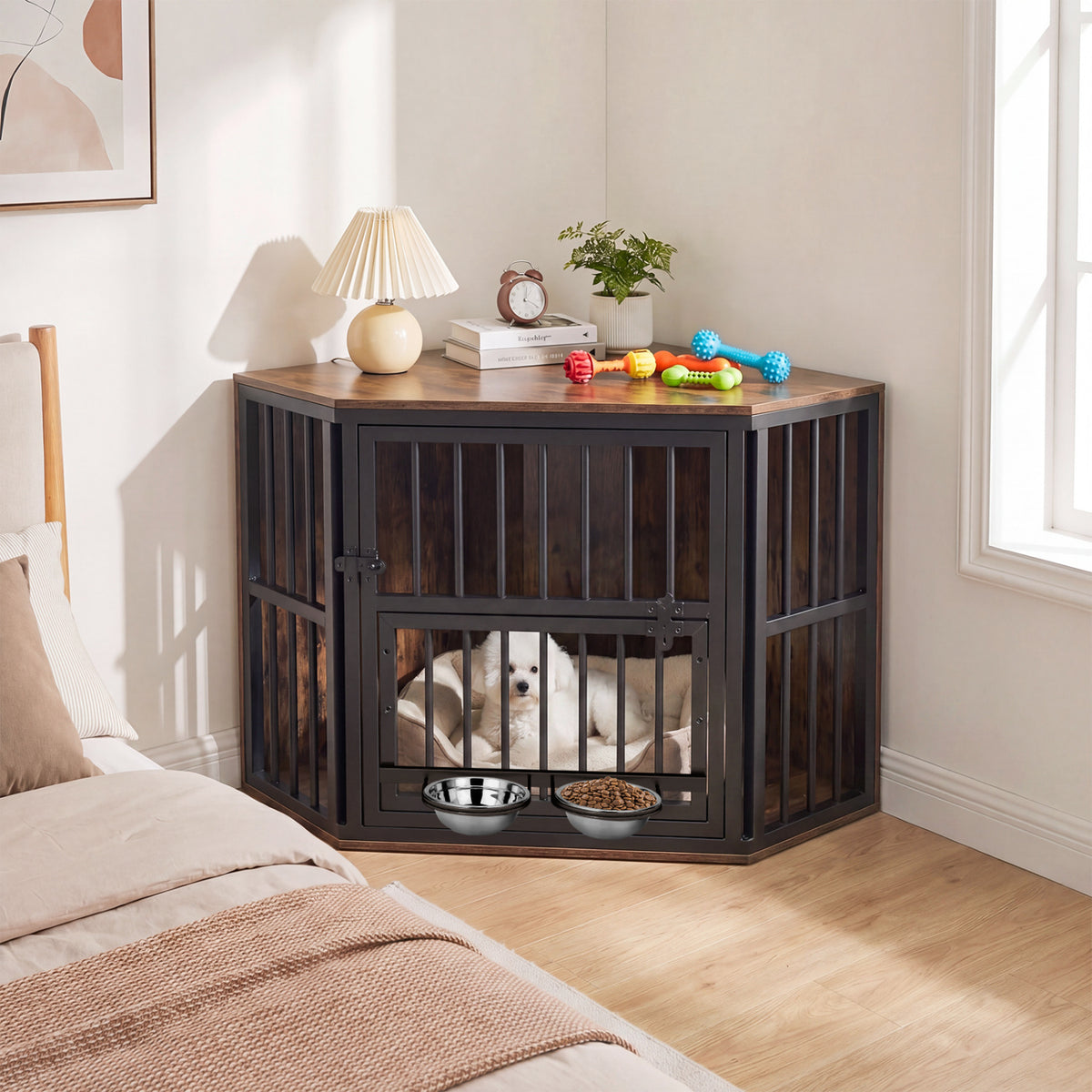 Corner Wooden Dog Kennel End Table with 3-Position Bowl Rack - Oak Finish