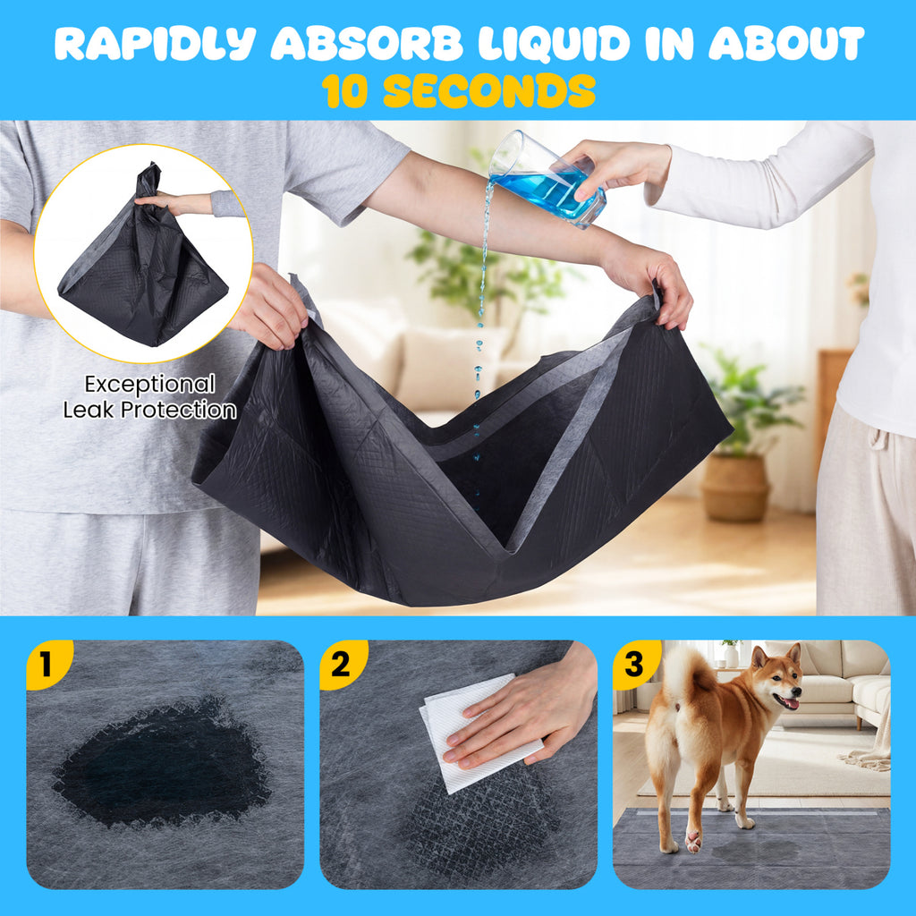 35.5 x 24 Inch Activated Charcoal Dog Pee Pads - 6-Layer Leakproof, Portable, 150 Pieces - Black Variation