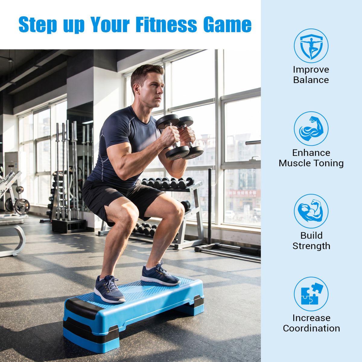 35 Inch Adjustable Aerobic Exercise Stepper with Risers - Blue