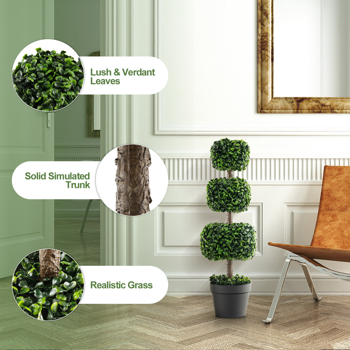 Artificial Boxwood Topiary Ball Tree 35 Inch with Cement Pot - Green