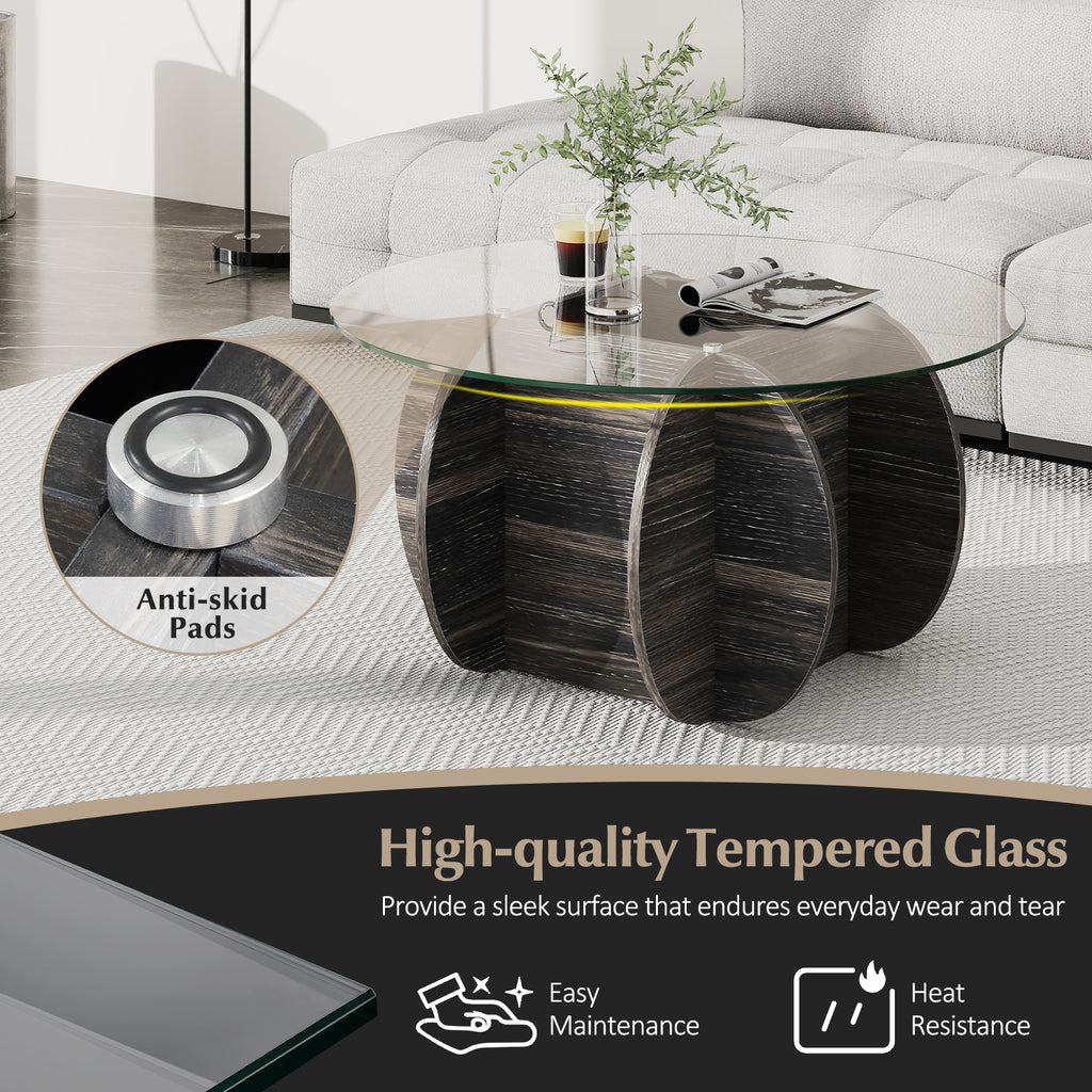 35 Inch Round Coffee Table with Tempered Glass Top, Black