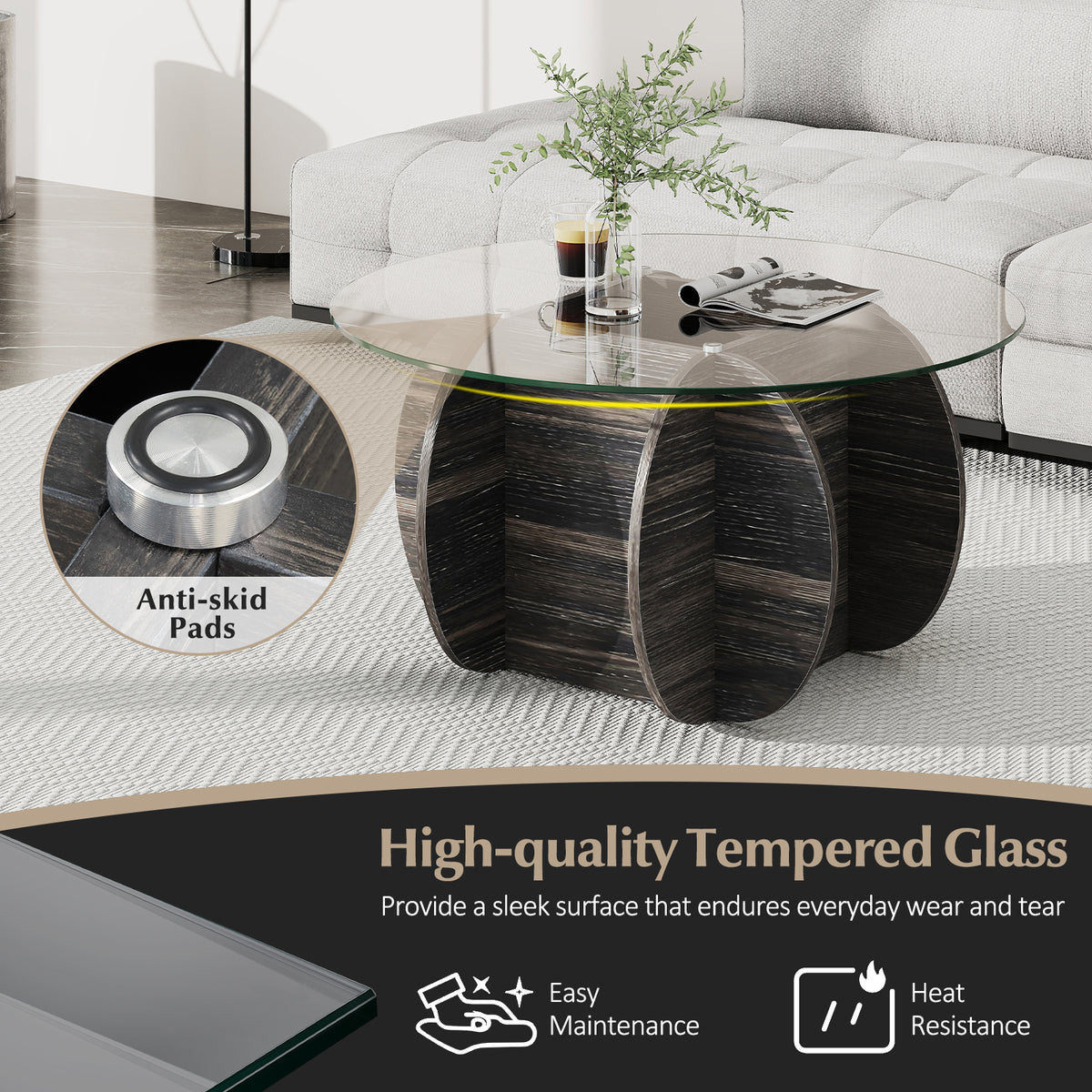 35 Inch Round Coffee Table with Tempered Glass Top, Black