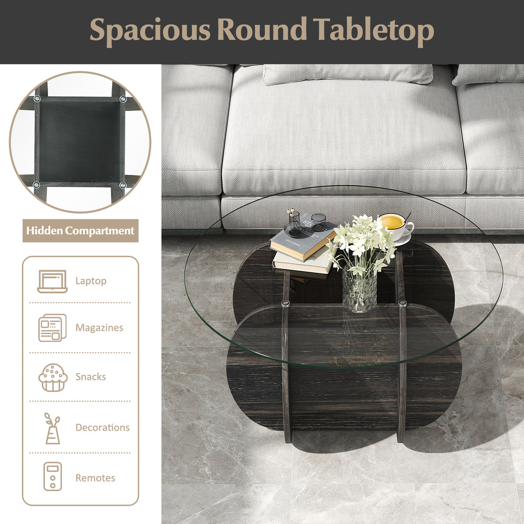 35 Inch Round Coffee Table with Tempered Glass Top, Black