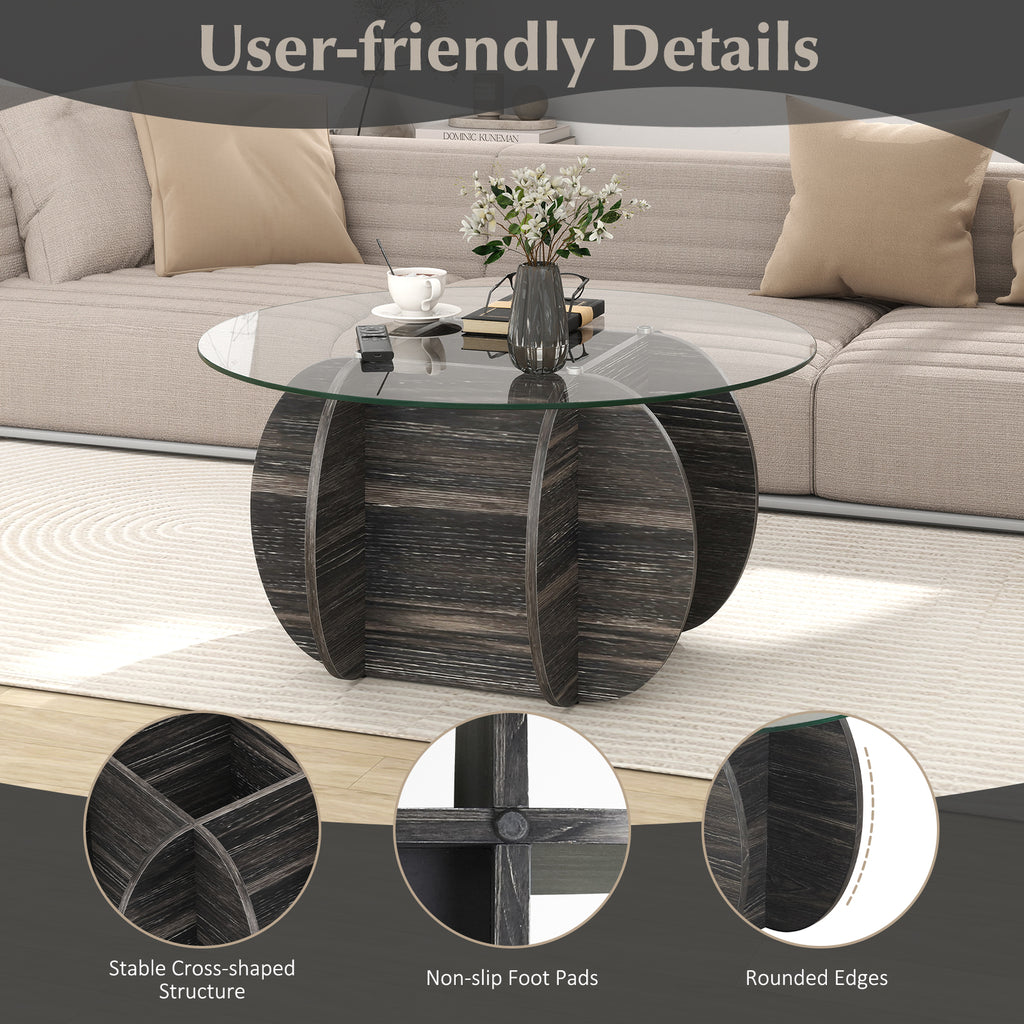 35 Inch Round Coffee Table with Tempered Glass Top – Black