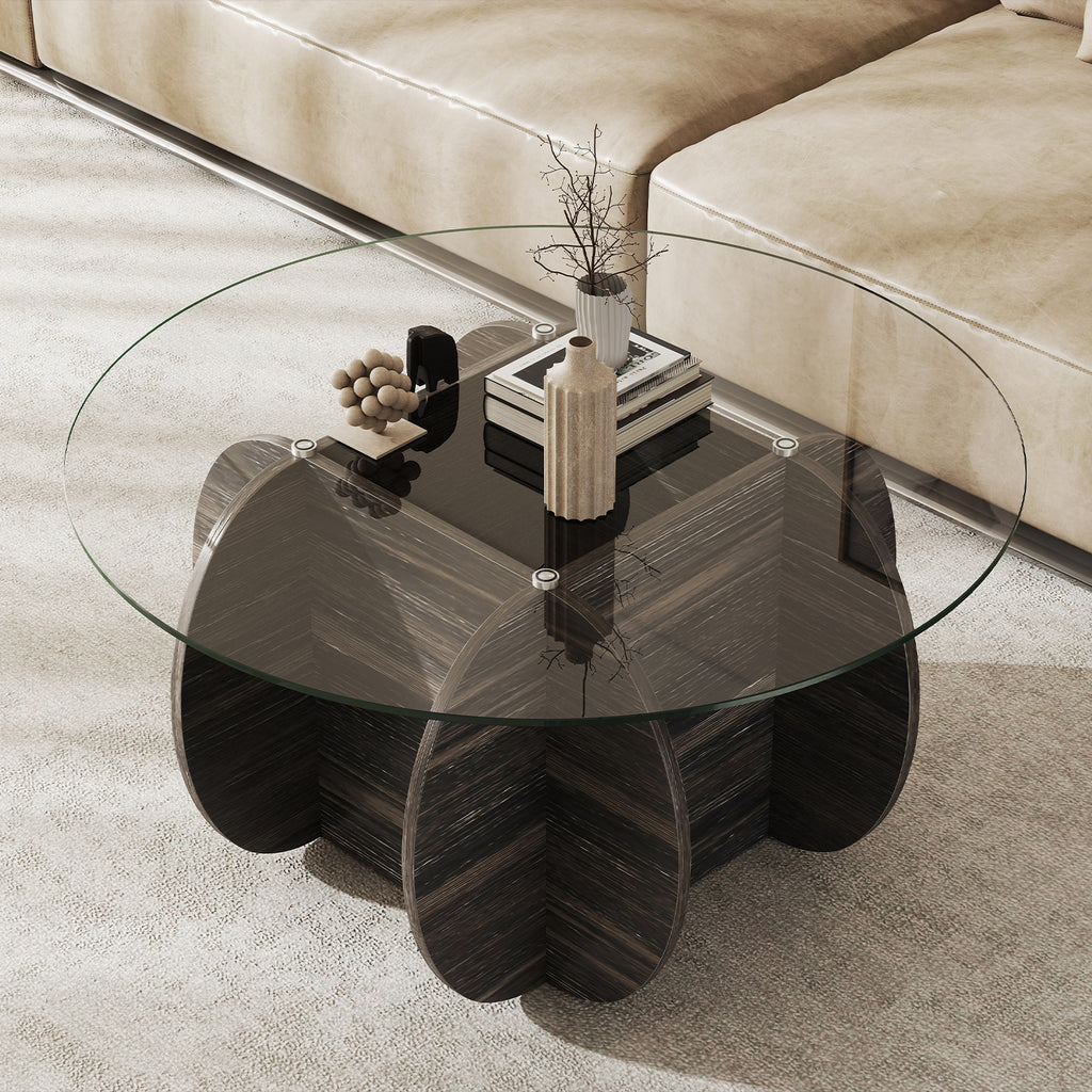 35 Inch Round Coffee Table with Tempered Glass Top – Black