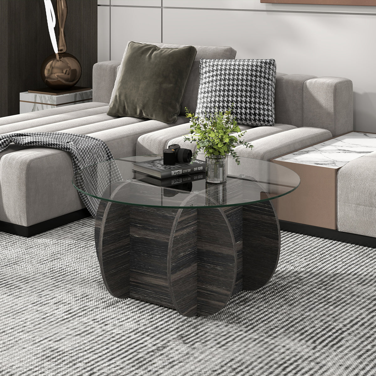 35 Inch Round Coffee Table with Tempered Glass Top, Black