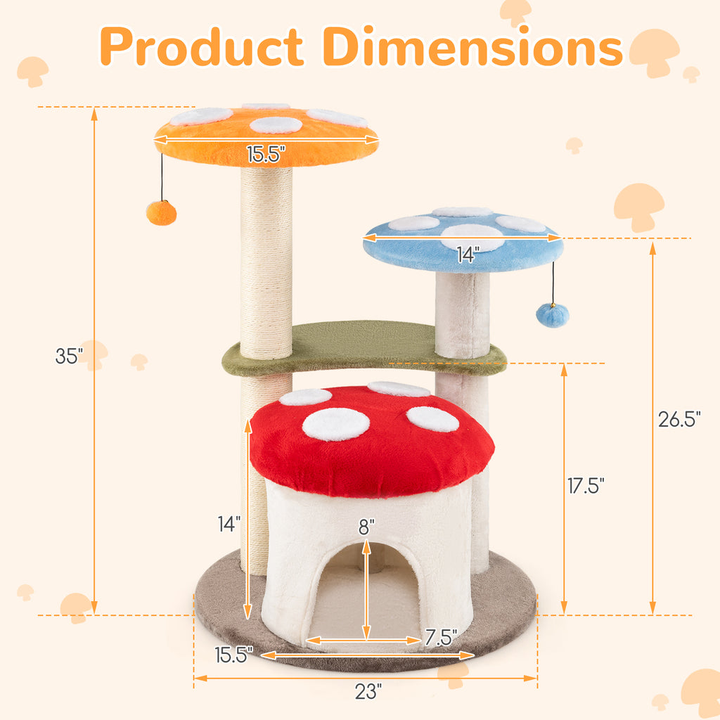 Multicolor 35 Inch Tall Cat Tower with Sisal Scratching Posts, Padded Platforms & Play Balls