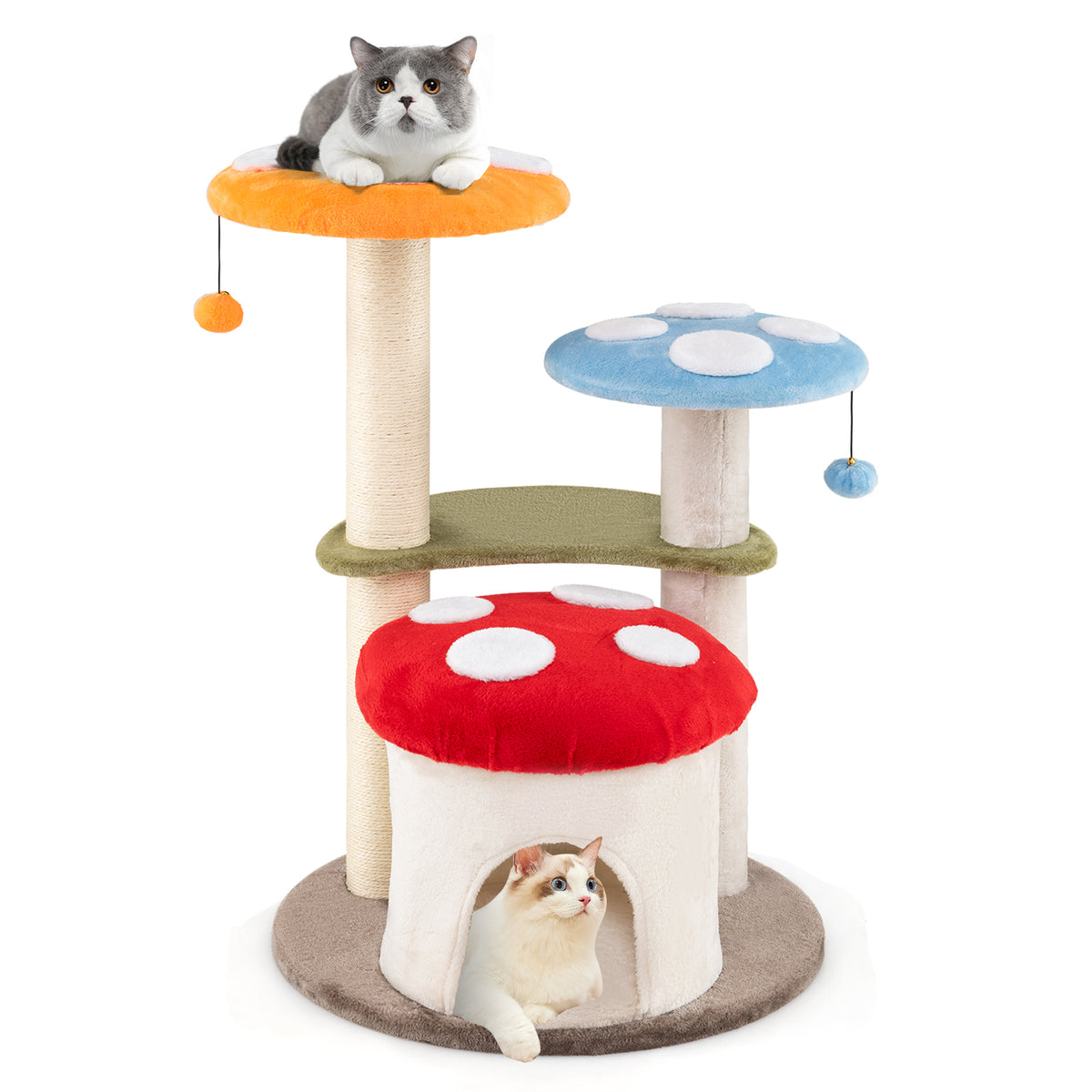 Multicolor 35 Inch Tall Cat Tower with Sisal Scratching Posts, Padded Platforms & Play Balls