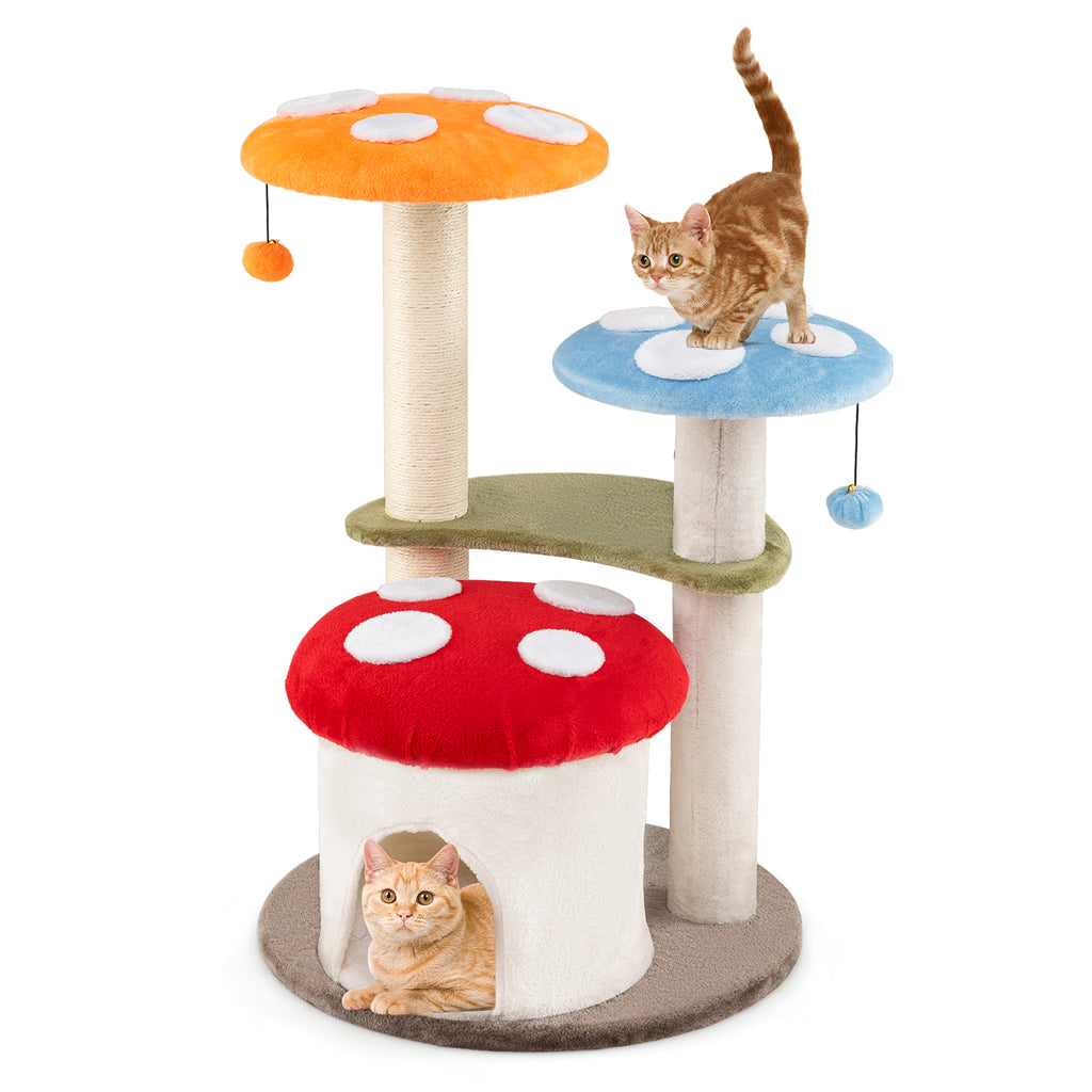 Multicolor 35 Inch Tall Cat Tower with Sisal Scratching Posts, Padded Platforms & Play Balls