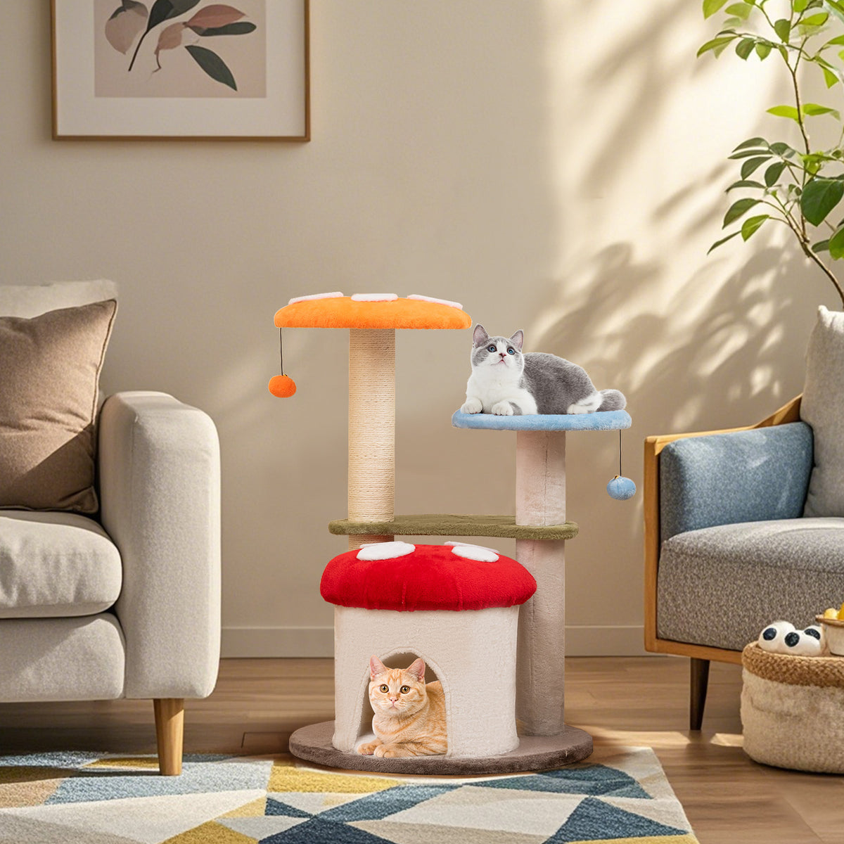 Multicolor 35 Inch Tall Cat Tower with Sisal Scratching Posts, Padded Platforms & Play Balls