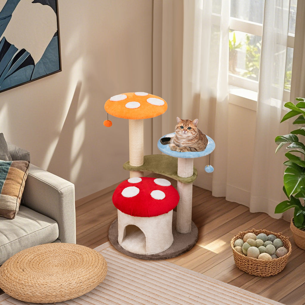 Multicolor 35 Inch Tall Cat Tower with Sisal Scratching Posts, Padded Platforms & Play Balls