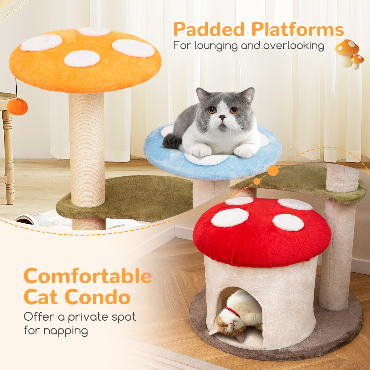Multicolor 35 Inch Tall Cat Tower with Sisal Scratching Posts, Padded Platforms & Play Balls