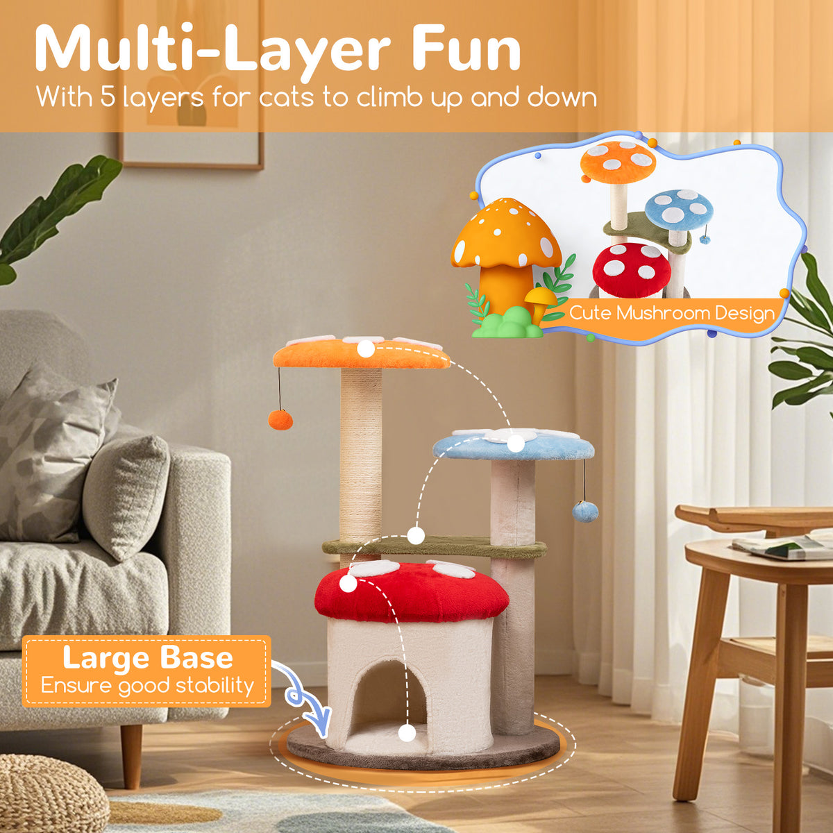 Multicolor 35 Inch Tall Cat Tower with Sisal Scratching Posts, Padded Platforms & Play Balls