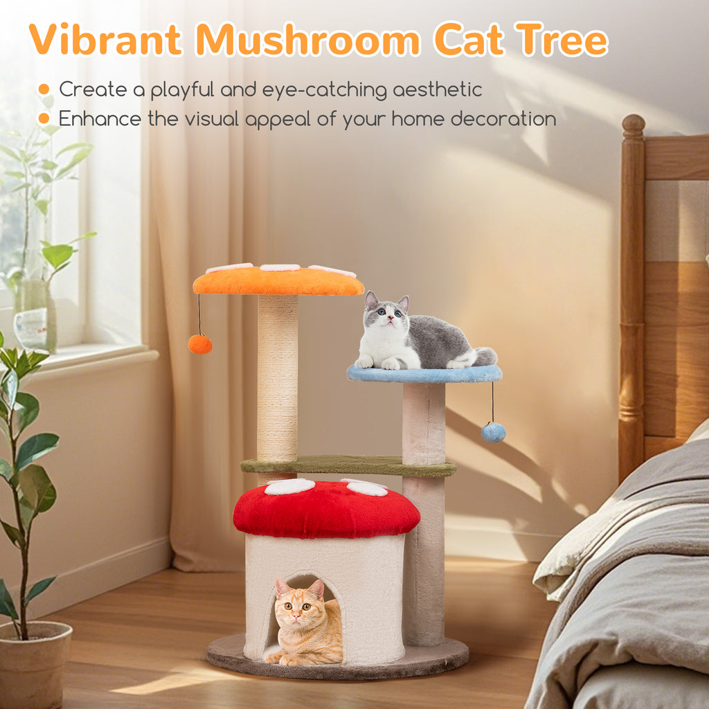 Multicolor 35 Inch Tall Cat Tower with Sisal Scratching Posts, Padded Platforms & Play Balls