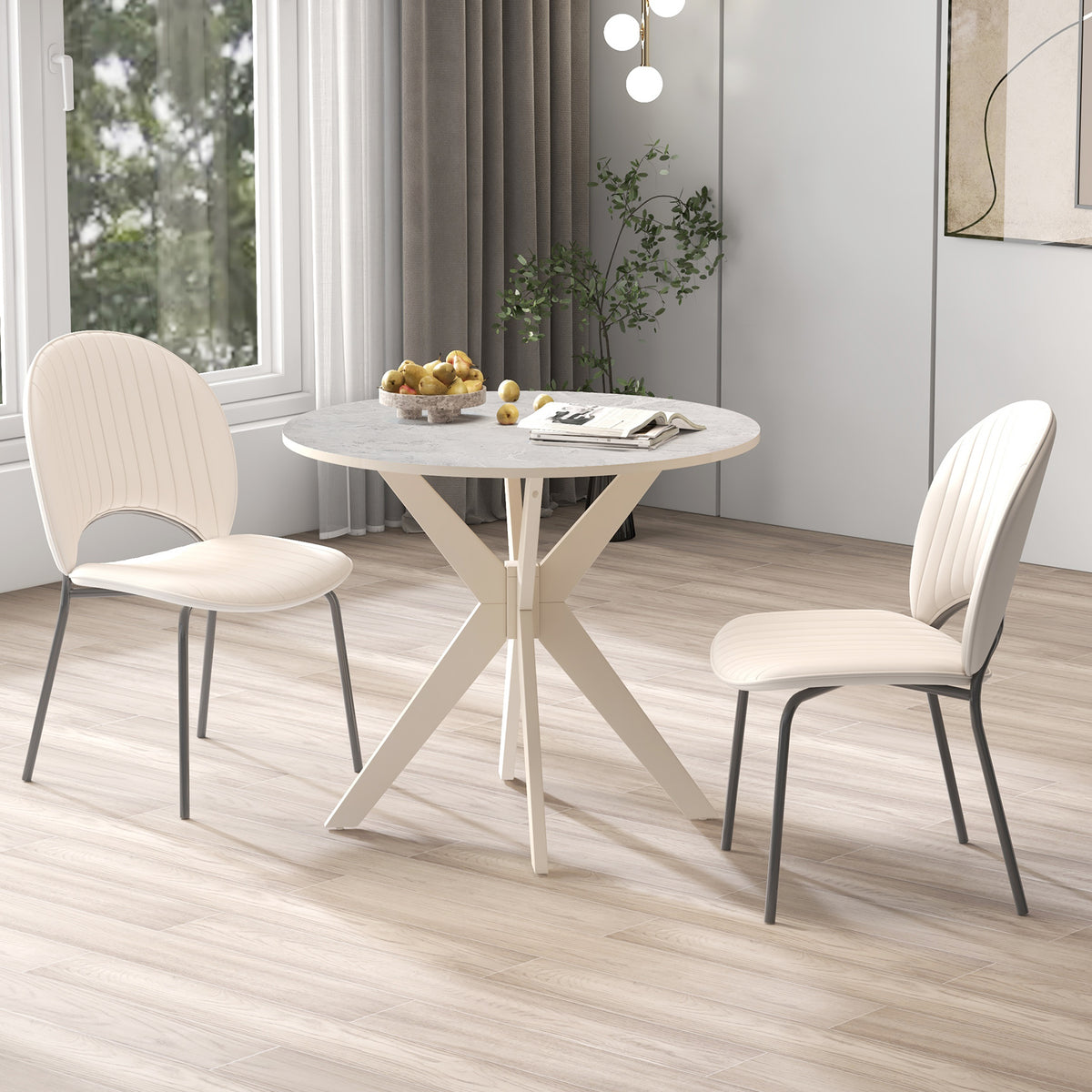 36 Inch Mid Century Modern Dining Table - Faux Marble, White
