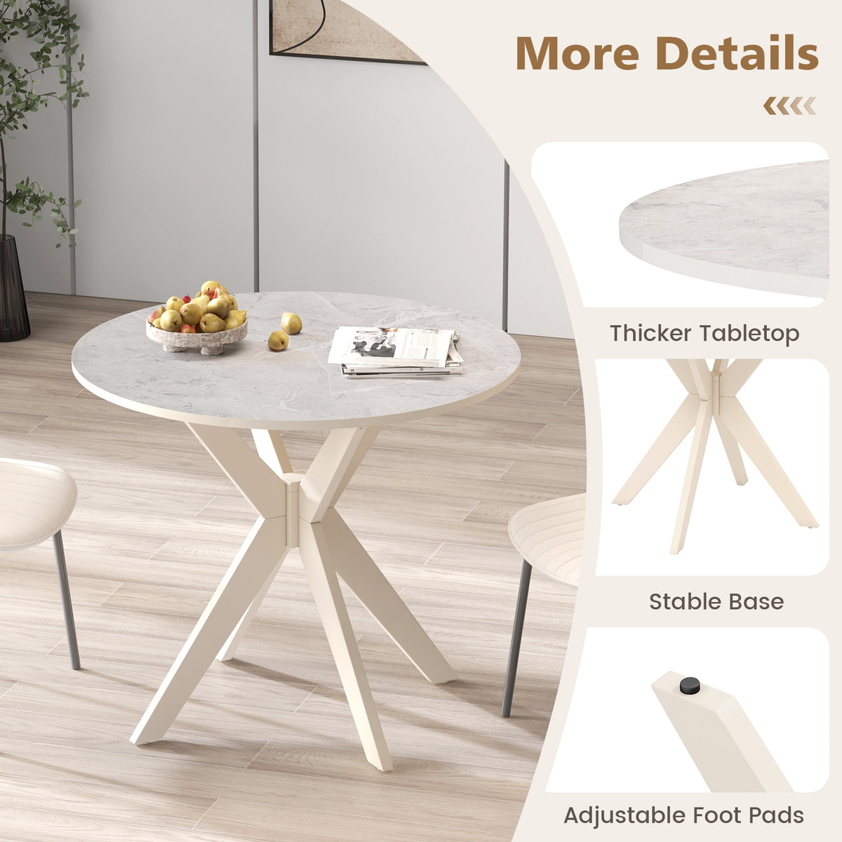 36 Inch Mid Century Modern Dining Table - Faux Marble, White