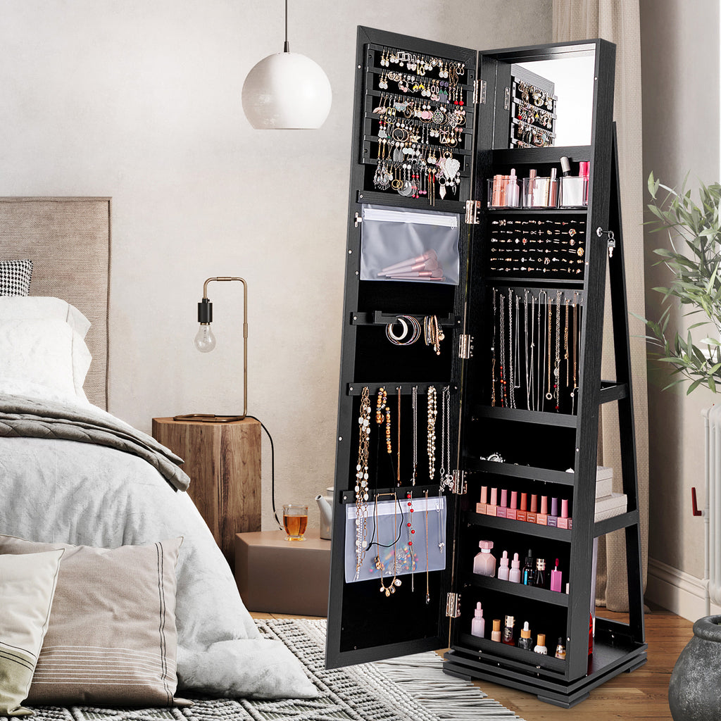 360° Rotating Jewelry Cabinet with Mirror - 3 Shelves, Black