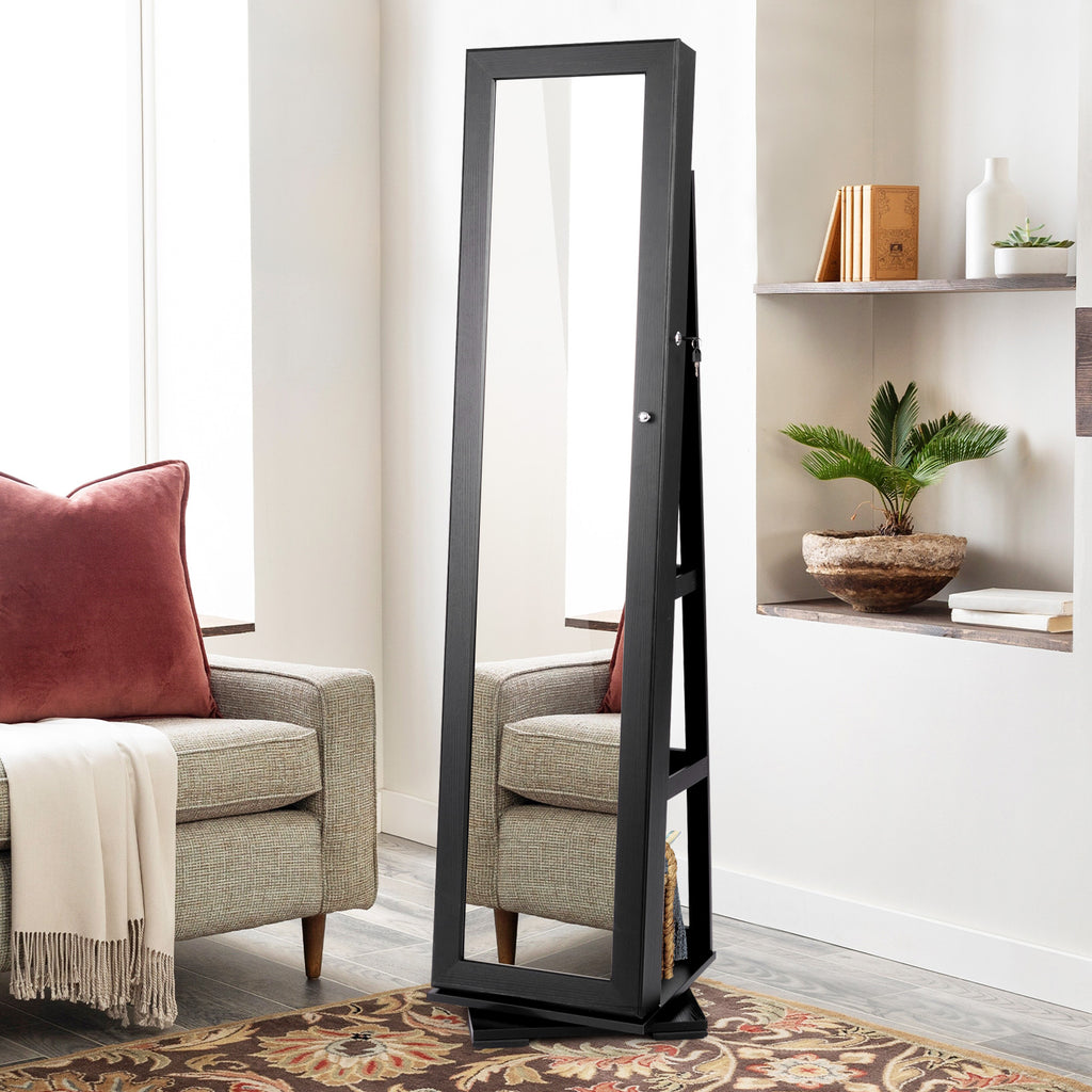 360° Rotating Jewelry Cabinet with Mirror - 3 Shelves, Black