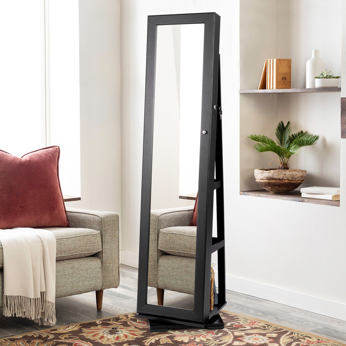 360° Rotating Jewelry Cabinet with Mirror - 3 Shelves, Black