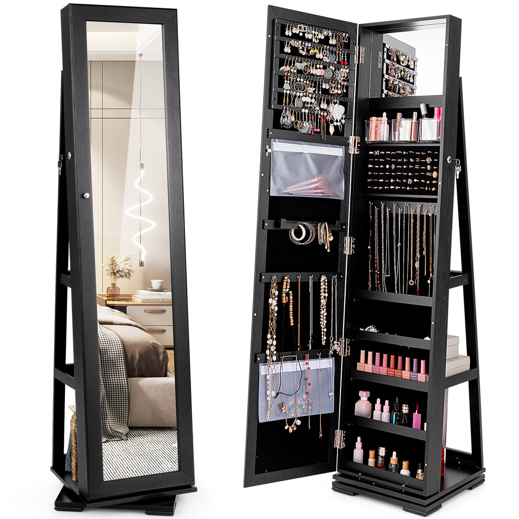 360° Rotating Jewelry Cabinet with Mirror - 3 Shelves, Black