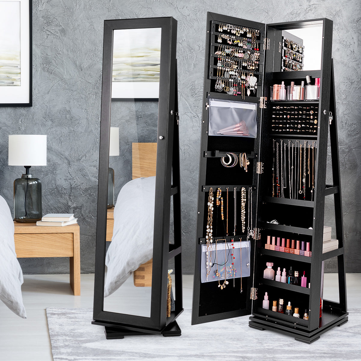 360° Rotating Jewelry Cabinet with Mirror - 3 Shelves, Black