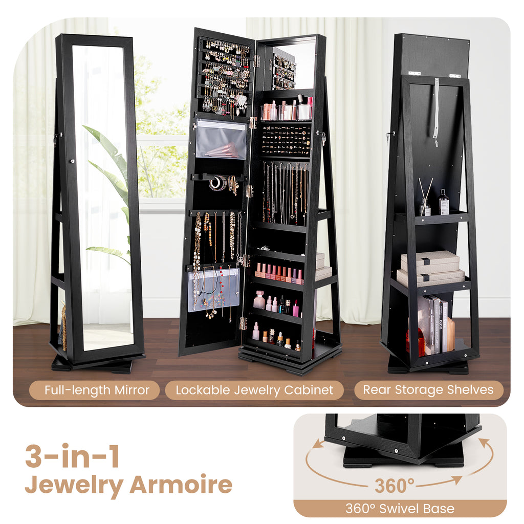 360° Rotating Jewelry Cabinet with Mirror - 3 Shelves, Black