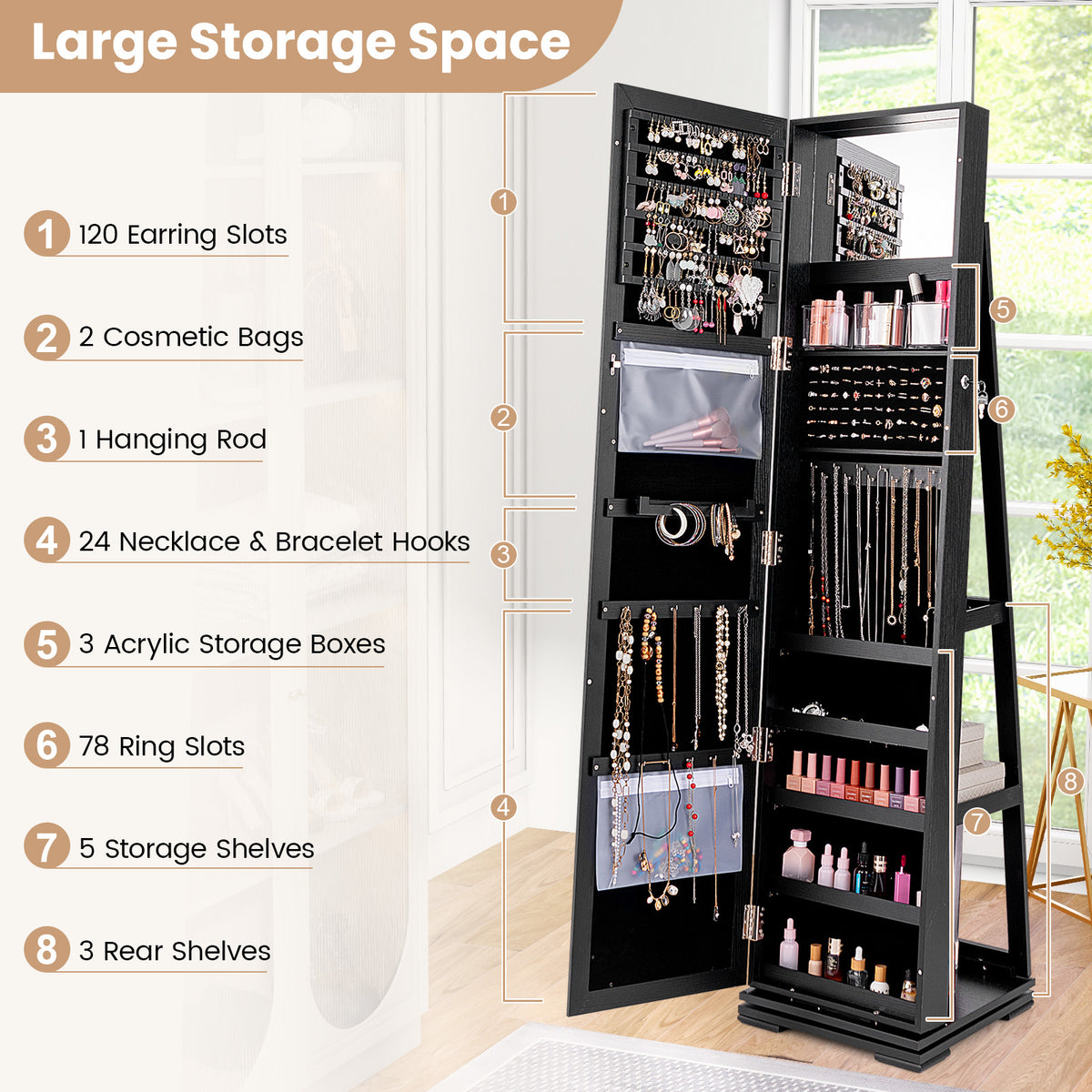 360° Rotating Jewelry Cabinet with Mirror - 3 Shelves, Black