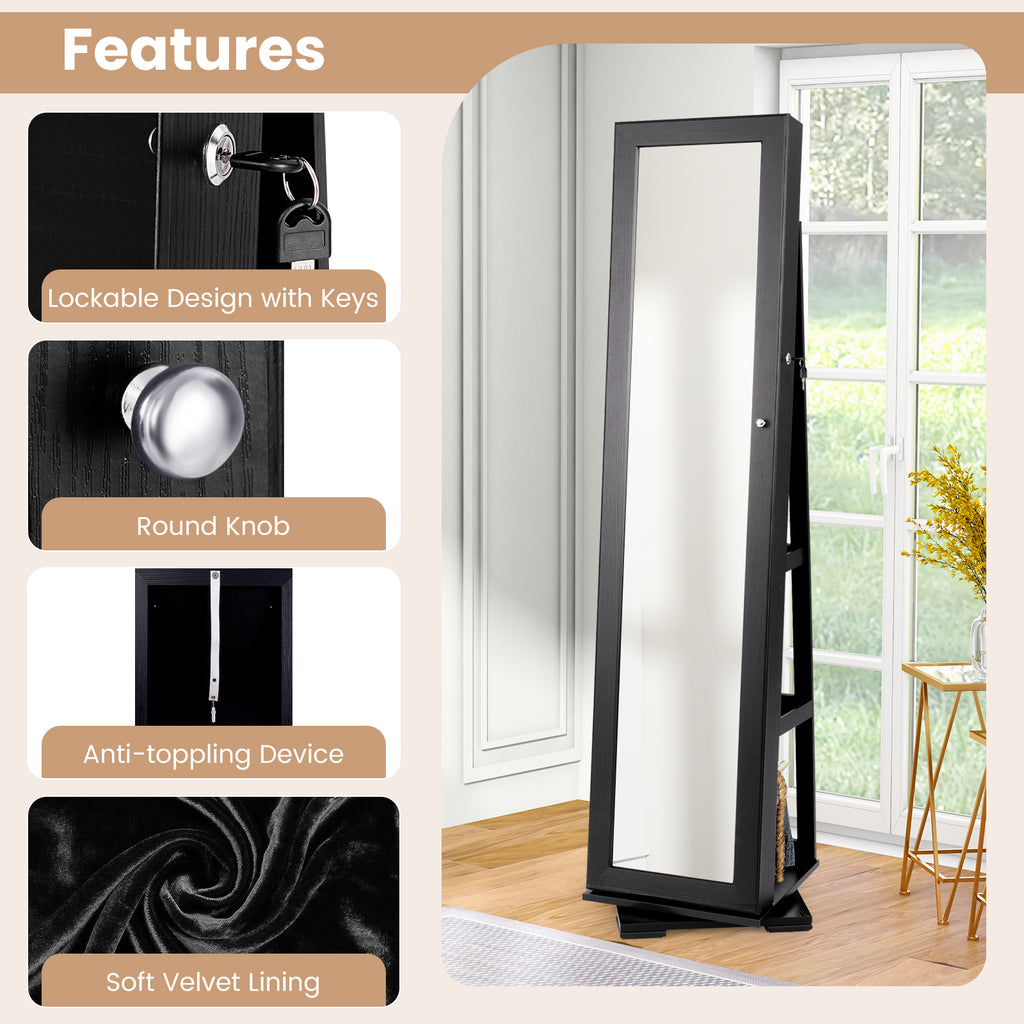 360° Rotating Jewelry Cabinet with Mirror - 3 Shelves, Black