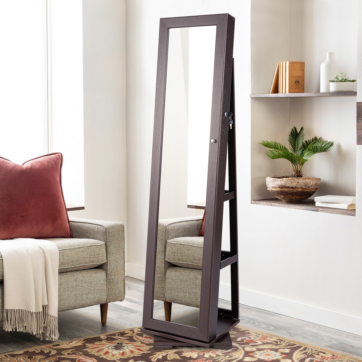 Rotating Jewelry Cabinet with Mirror, 3 Shelves Dark Brown