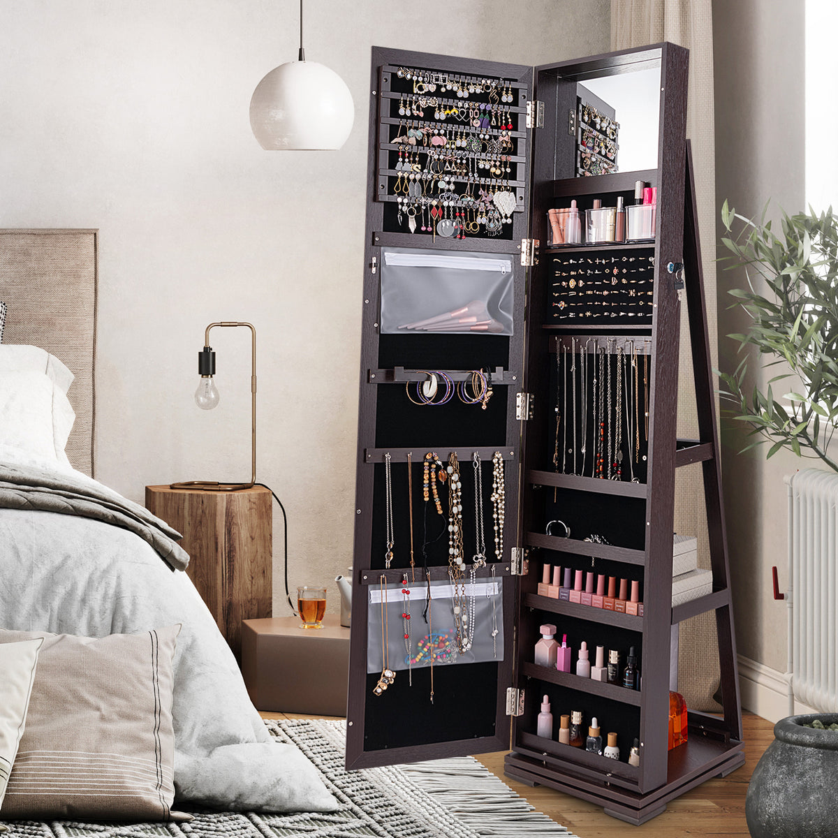 Rotating Jewelry Cabinet with Mirror, 3 Shelves Dark Brown