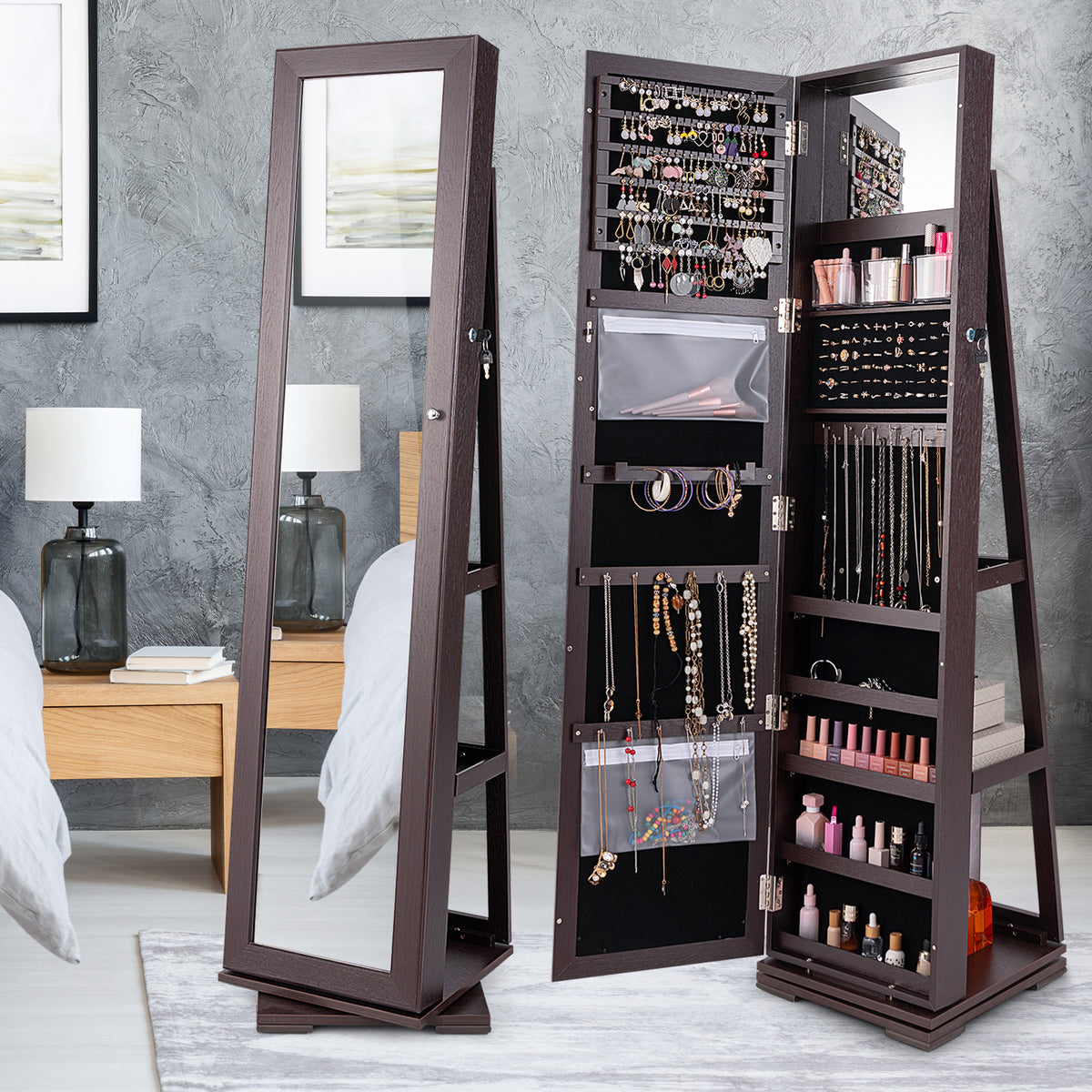 Rotating Jewelry Cabinet with Mirror, 3 Shelves Dark Brown