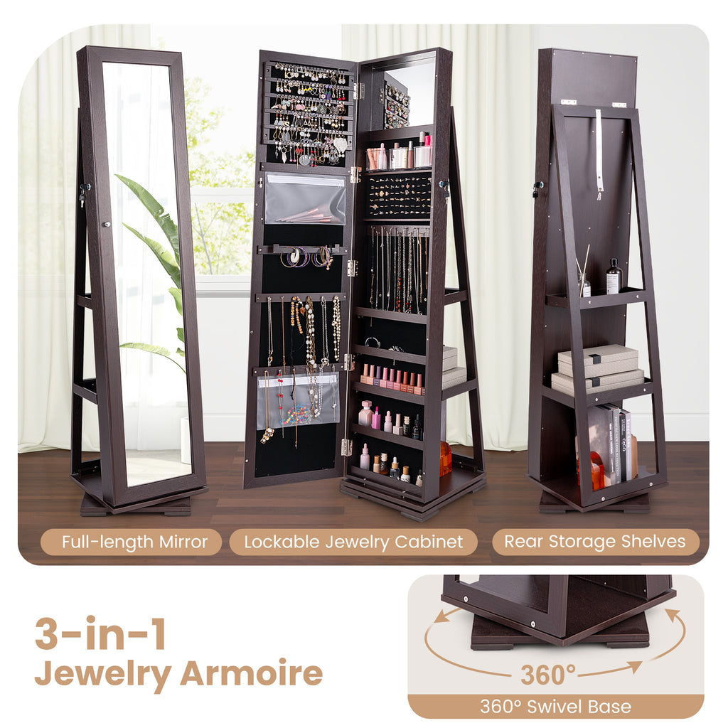 Rotating Jewelry Cabinet with Mirror, 3 Shelves Dark Brown