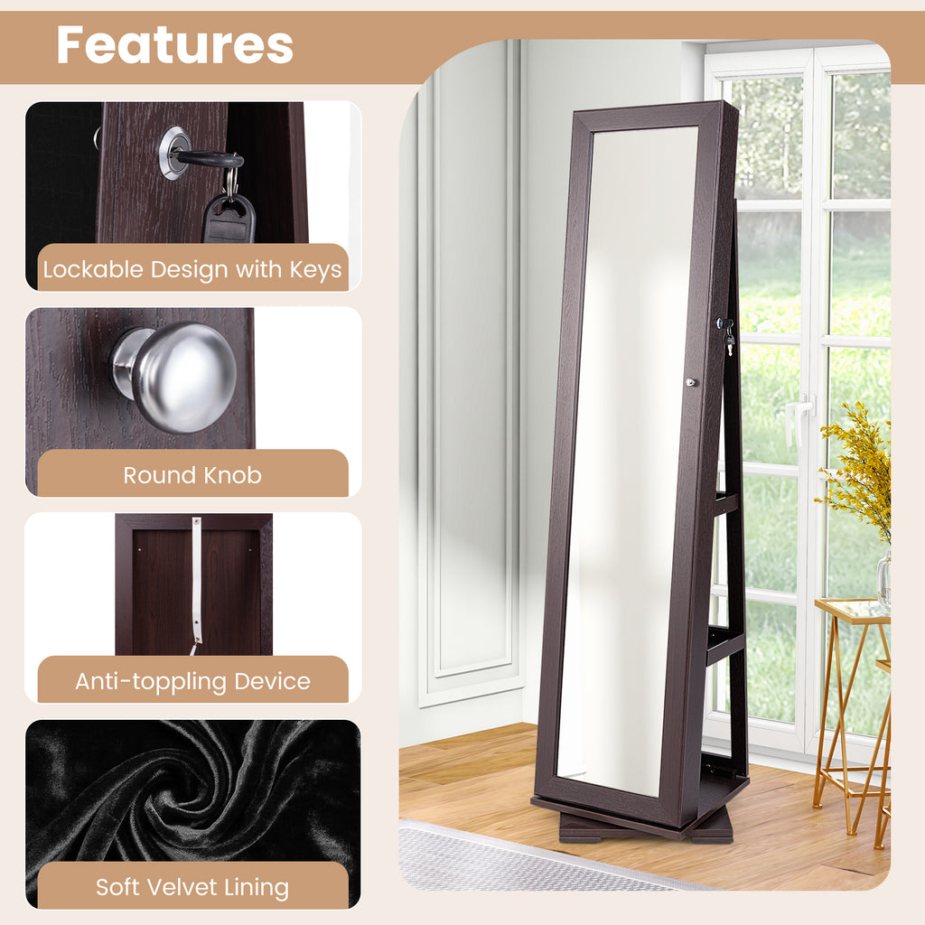 Rotating Jewelry Cabinet with Mirror, 3 Shelves Dark Brown