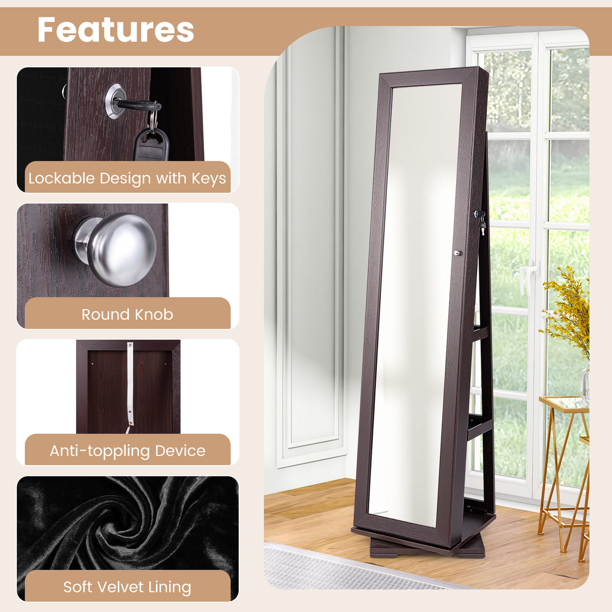 Rotating Jewelry Cabinet with Mirror, 3 Shelves Dark Brown