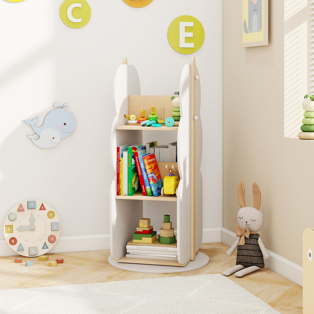 Kid's Rotating Bookshelf Toy Storage Organizer - 5 Shelves, White, 360° Rotation