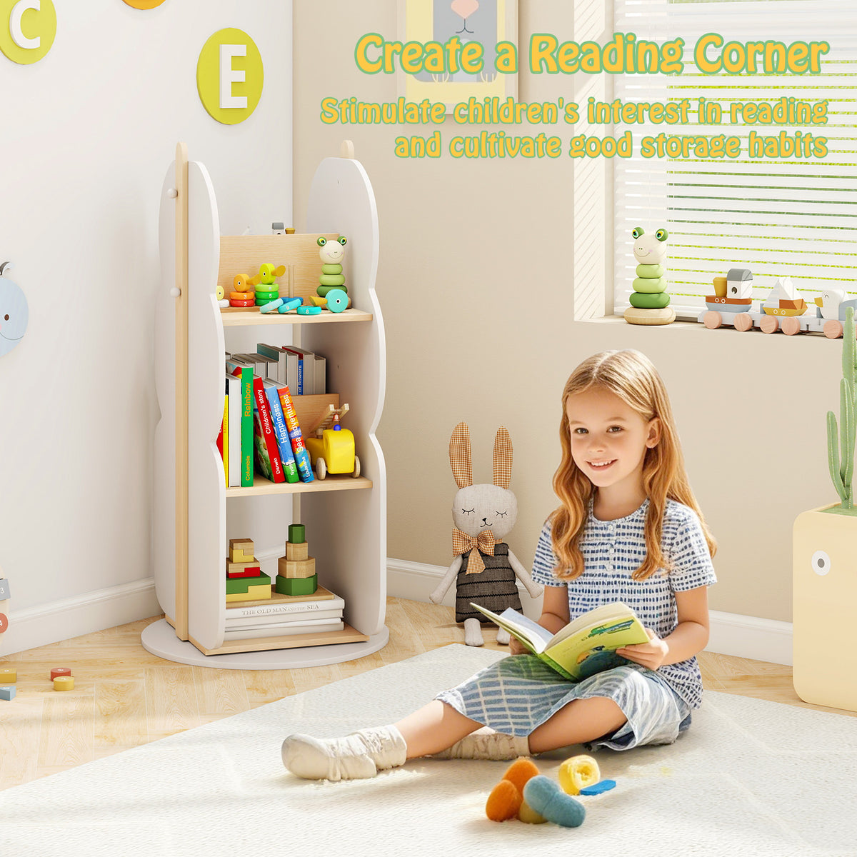 Kid's Rotating Bookshelf Toy Storage Organizer - 5 Shelves, White, 360° Rotation