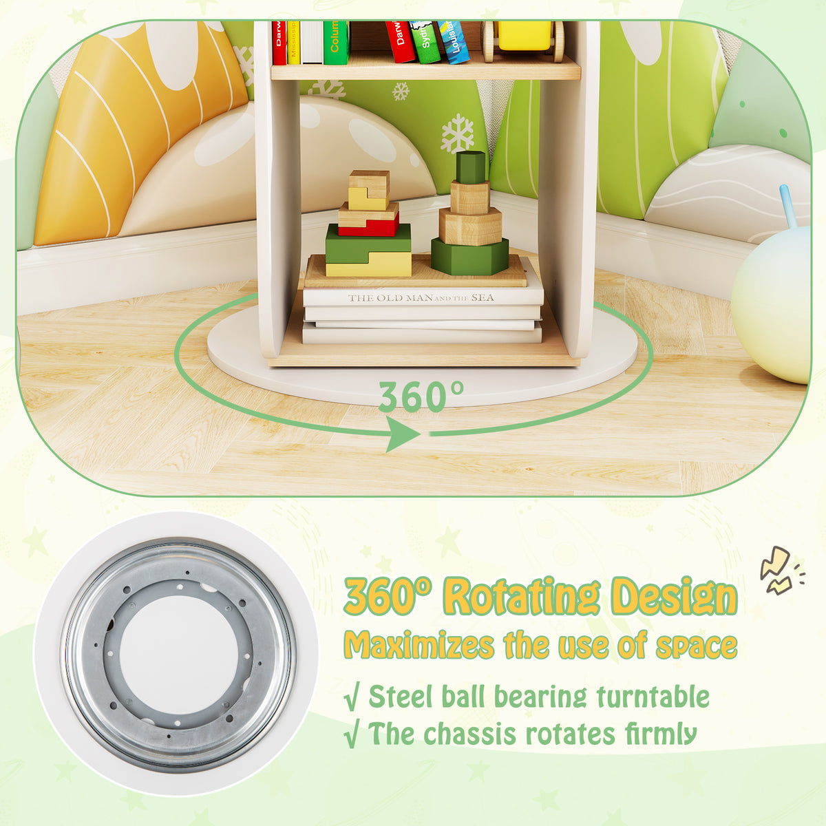 Kid's Rotating Bookshelf Toy Storage Organizer - 5 Shelves, White, 360° Rotation