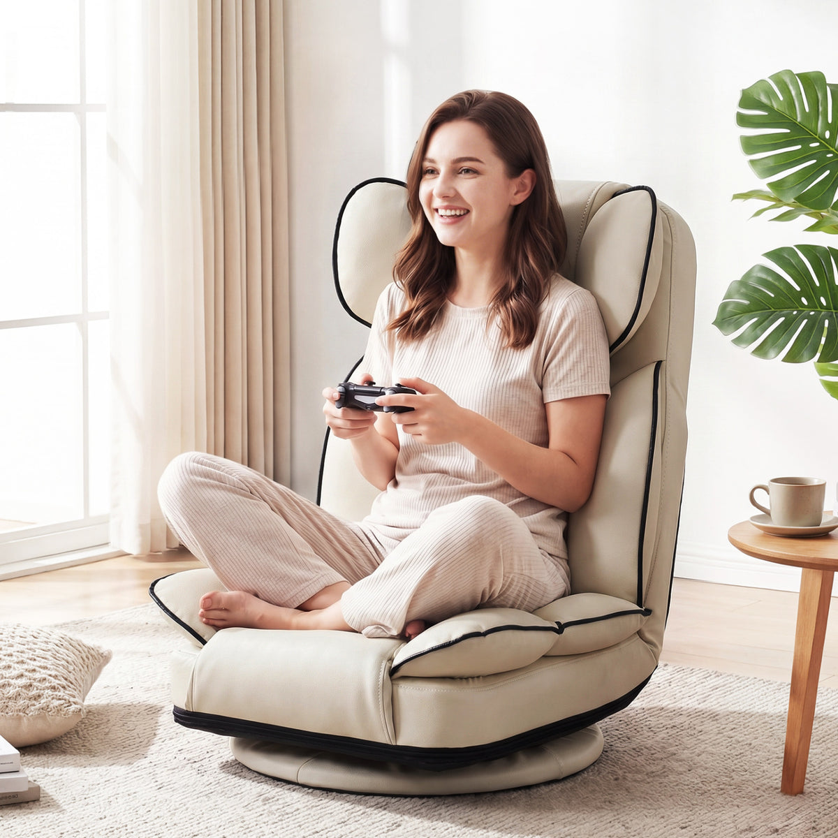 360° Swivel Gaming Floor Chair 6-Position Reclining - Beige