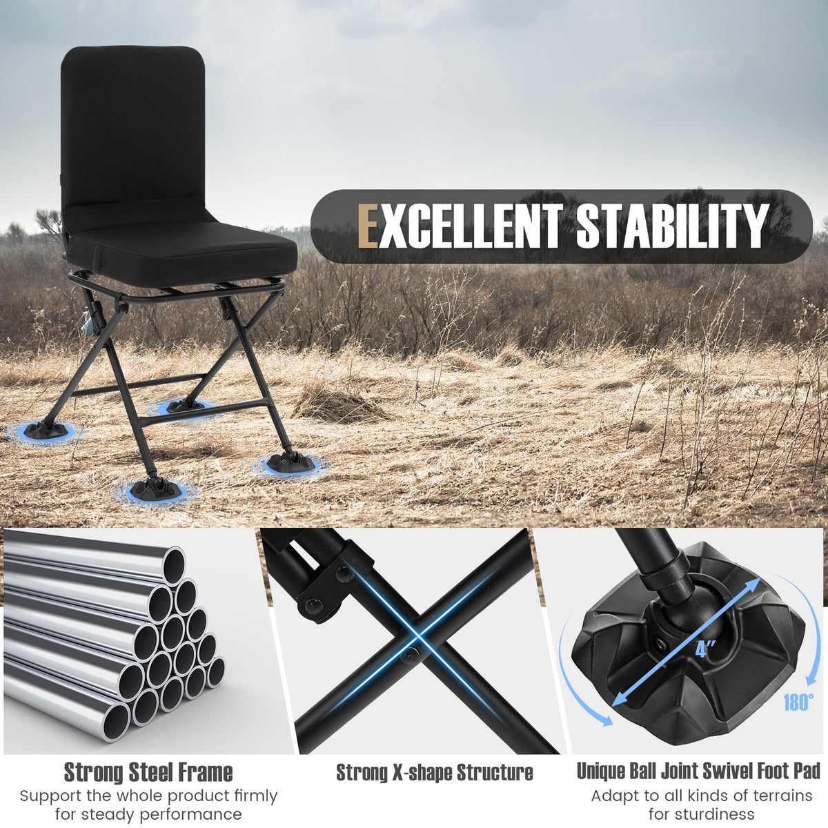 Swivel Folding Chair with Padded Cushion - Black