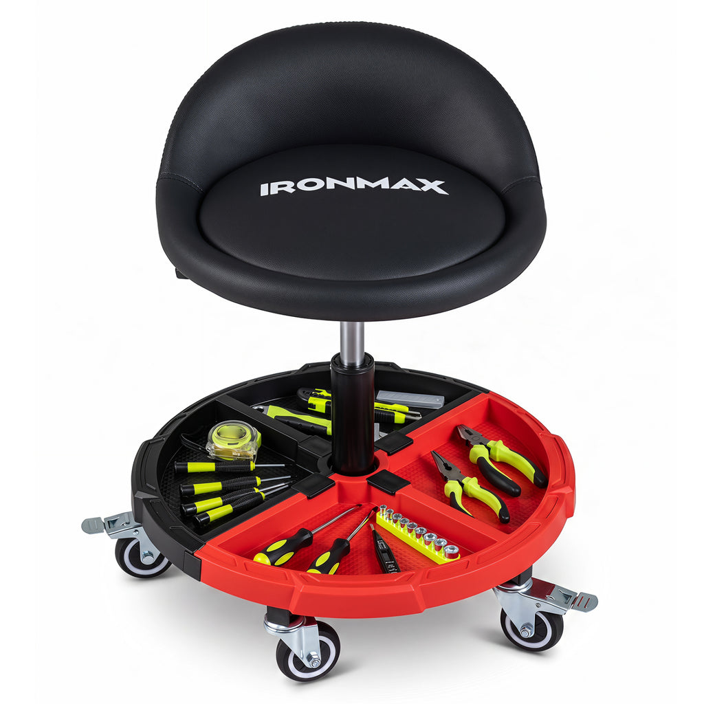 Rolling Garage Mechanic Stool with Tool Tray Storage and Padded Seat