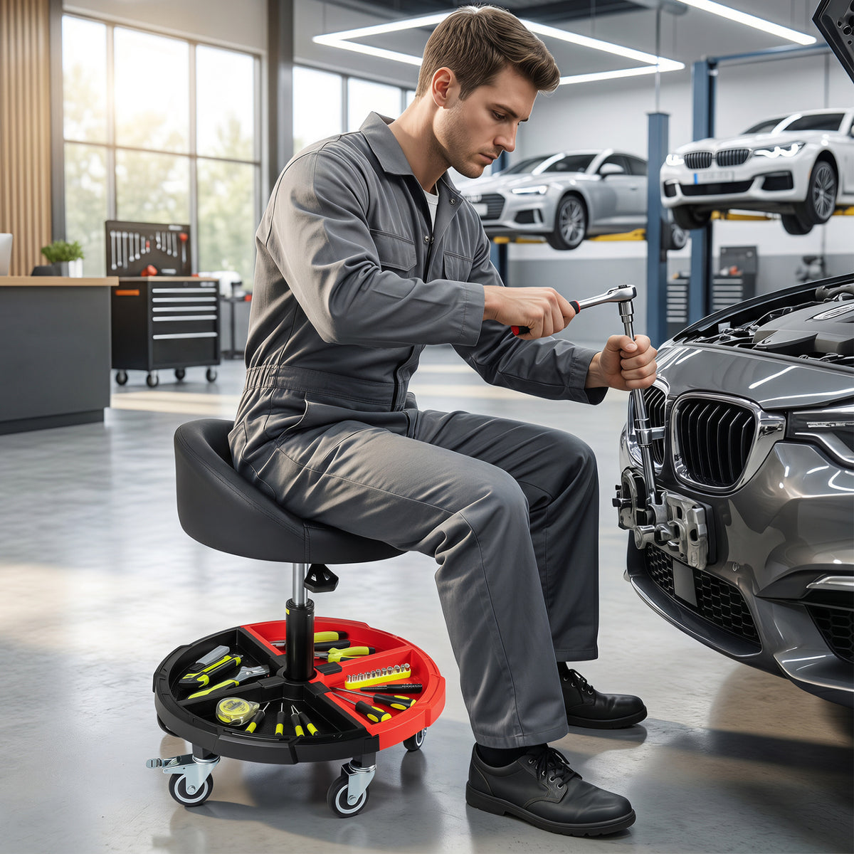 360° Rolling Mechanic Stool with 1 Tool Storage Tray