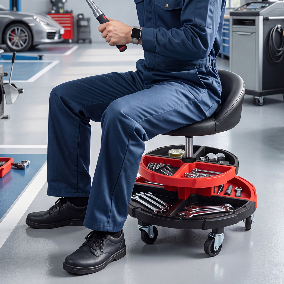 360° Rolling Mechanic Stool with 2 Tool Storage Trays