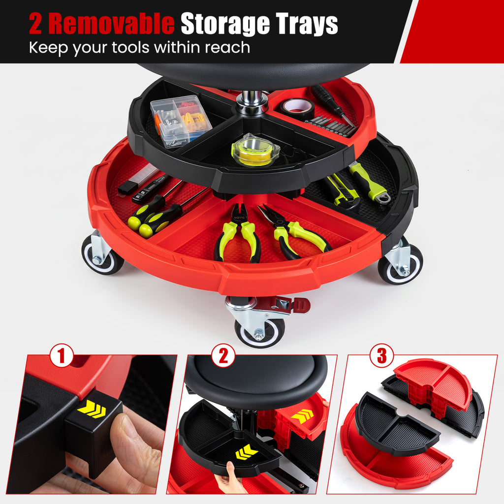 360° Rolling Mechanic Stool with 2 Tool Storage Trays