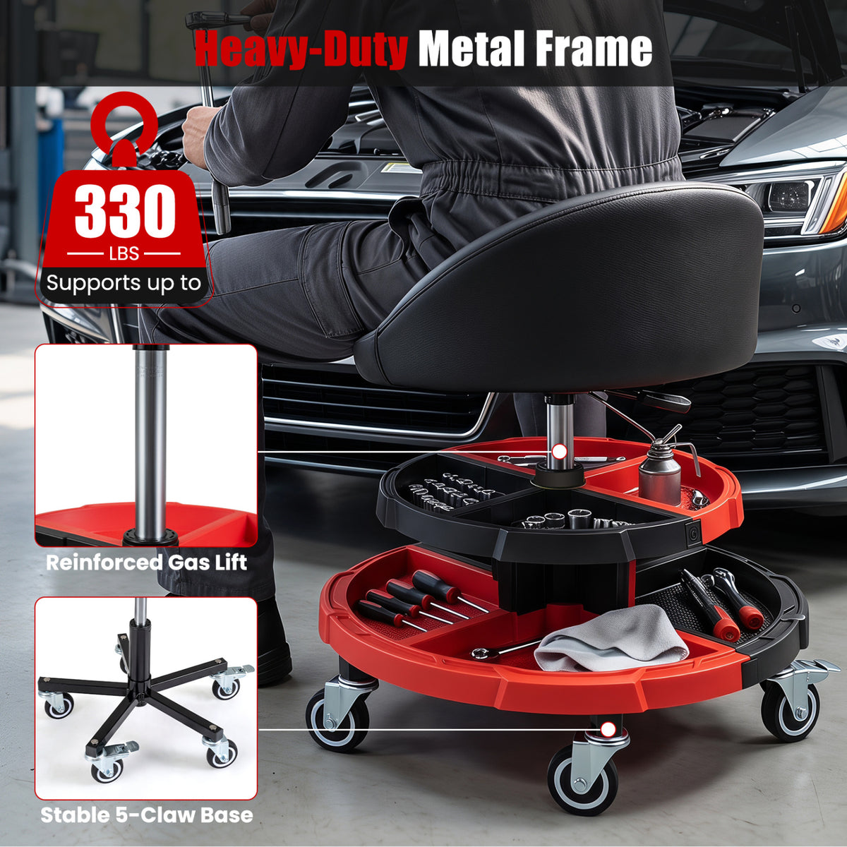 360° Rolling Mechanic Stool with 2 Tool Storage Trays